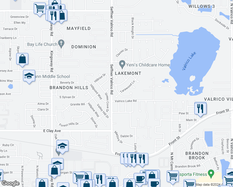 map of restaurants, bars, coffee shops, grocery stores, and more near 702 Rollingwood Lane in Valrico