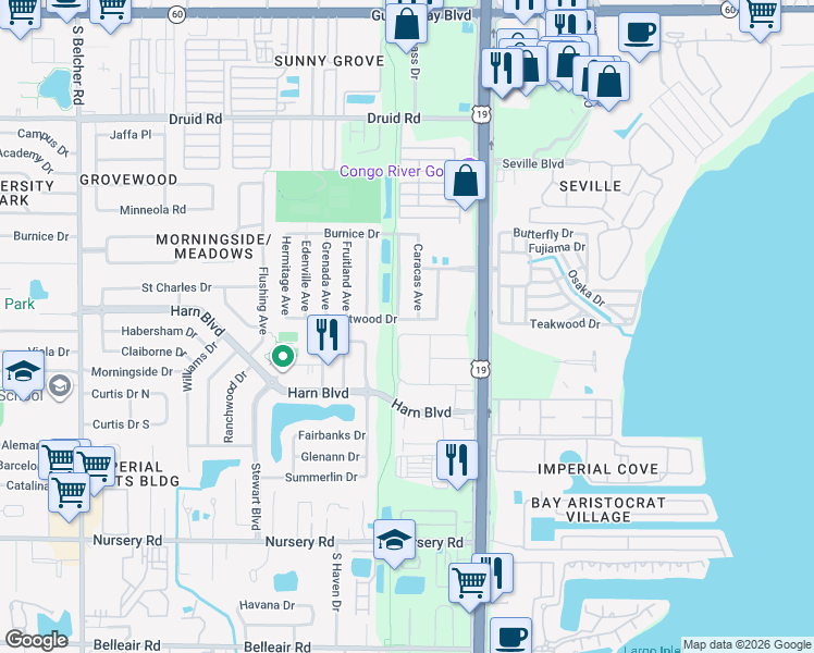 map of restaurants, bars, coffee shops, grocery stores, and more near 2529 Brentwood Drive in Clearwater