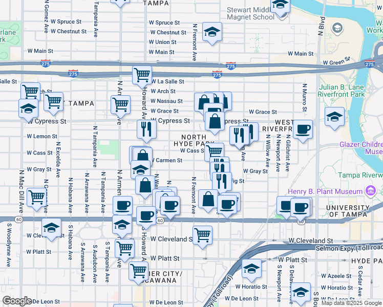 map of restaurants, bars, coffee shops, grocery stores, and more near 1902 West Cass Street in Tampa