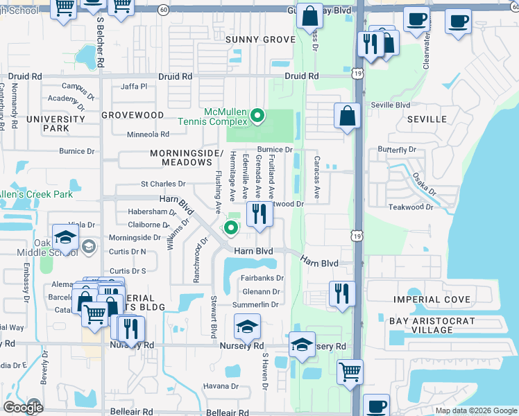 map of restaurants, bars, coffee shops, grocery stores, and more near 2465 Brentwood Drive in Clearwater