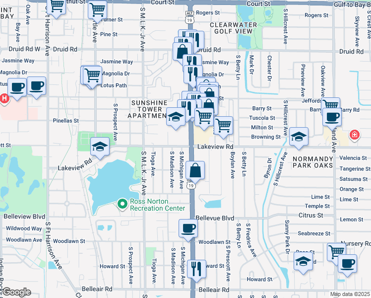 map of restaurants, bars, coffee shops, grocery stores, and more near 1171 Lakeview Road in Clearwater