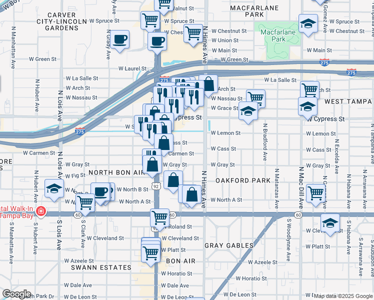 map of restaurants, bars, coffee shops, grocery stores, and more near 3619 West Carmen Street in Tampa