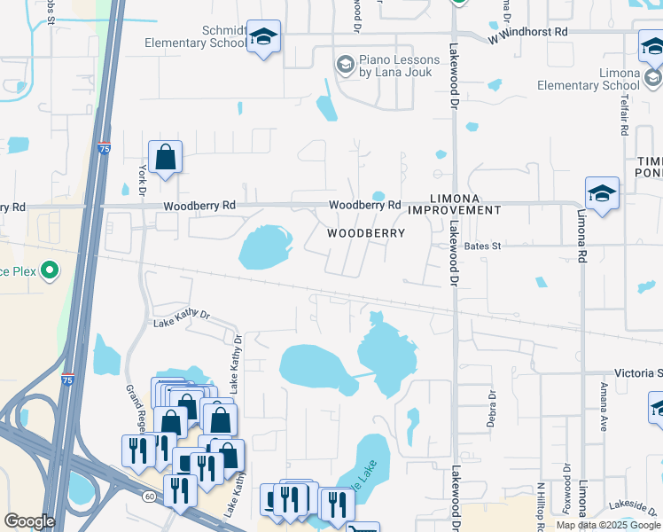 map of restaurants, bars, coffee shops, grocery stores, and more near 616 Straw Lake Drive in Brandon
