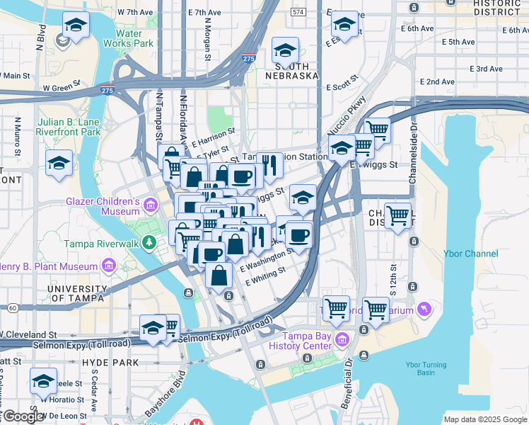 map of restaurants, bars, coffee shops, grocery stores, and more near 2473 East Madison Street in Tampa