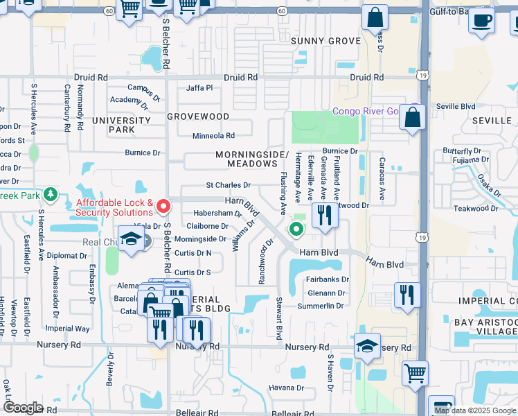 map of restaurants, bars, coffee shops, grocery stores, and more near 2336 Harn Boulevard in Clearwater