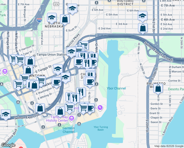 map of restaurants, bars, coffee shops, grocery stores, and more near 217 North 12th Street in Tampa