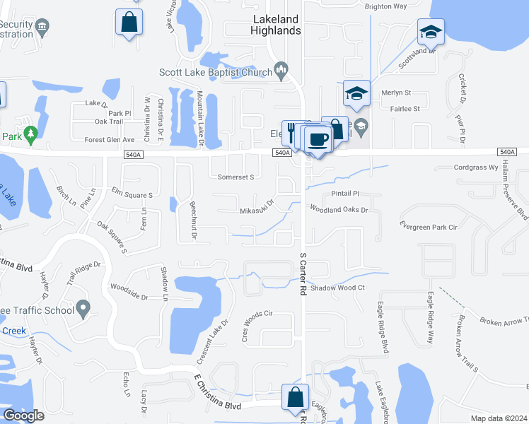 map of restaurants, bars, coffee shops, grocery stores, and more near 843 Mikasuki Drive in Lakeland