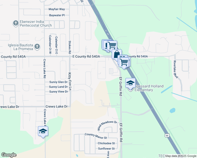 map of restaurants, bars, coffee shops, grocery stores, and more near 4514 Oak Street in Lakeland