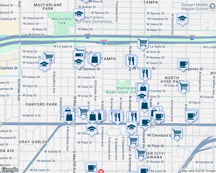 map of restaurants, bars, coffee shops, grocery stores, and more near 2509 West Carmen Street in Tampa