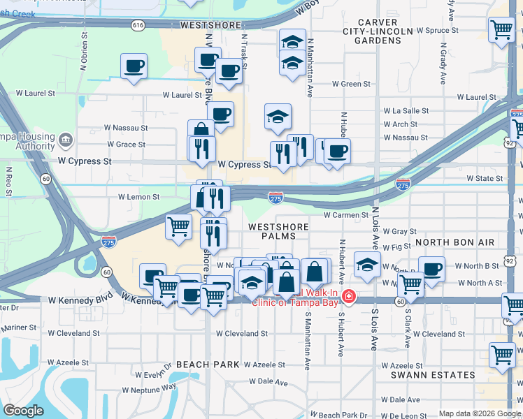 map of restaurants, bars, coffee shops, grocery stores, and more near 4509 W Carmen St in Tampa