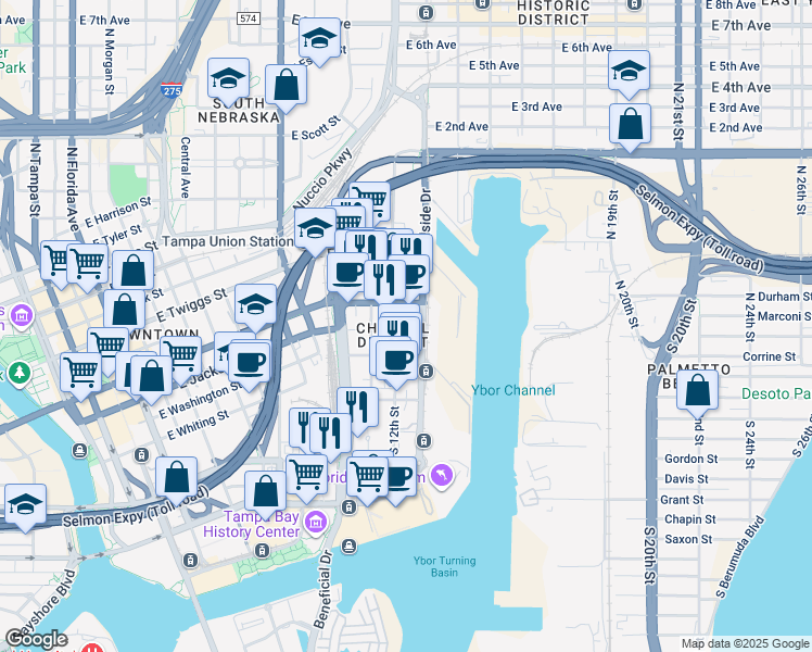 map of restaurants, bars, coffee shops, grocery stores, and more near 217 North 12th Street in Tampa