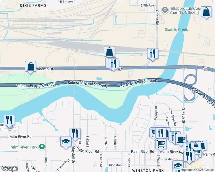 map of restaurants, bars, coffee shops, grocery stores, and more near Selmon Expressway in Tampa