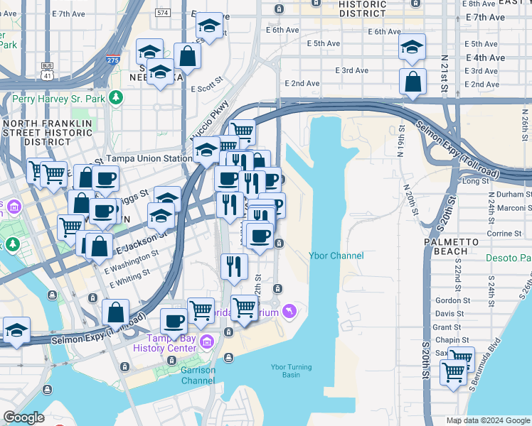 map of restaurants, bars, coffee shops, grocery stores, and more near 1316 East Washington Street in Tampa