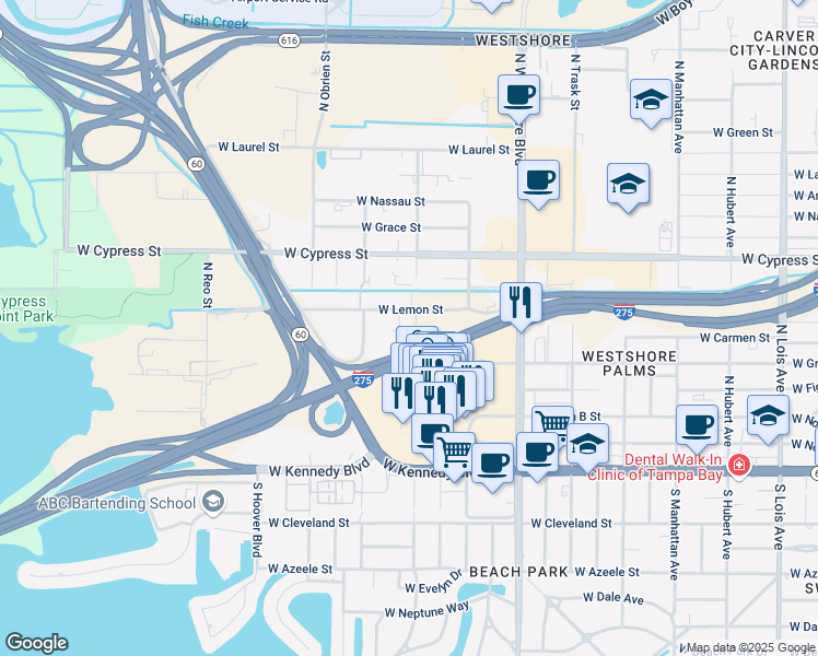 map of restaurants, bars, coffee shops, grocery stores, and more near 5002 West Lemon Street in Tampa