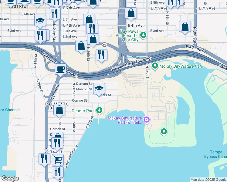 map of restaurants, bars, coffee shops, grocery stores, and more near 2910 Clark Street in Tampa