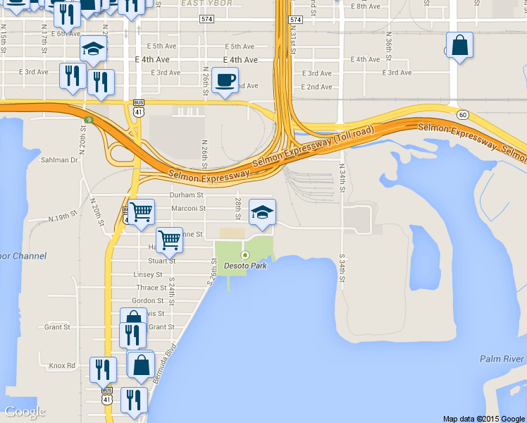 map of restaurants, bars, coffee shops, grocery stores, and more near 2910 Clark Street in Tampa