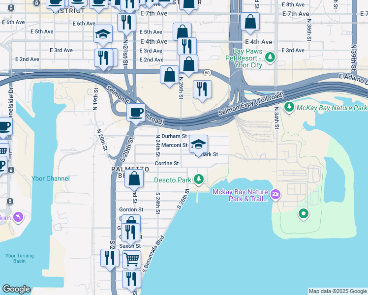 map of restaurants, bars, coffee shops, grocery stores, and more near 2422 Clark Street in Tampa