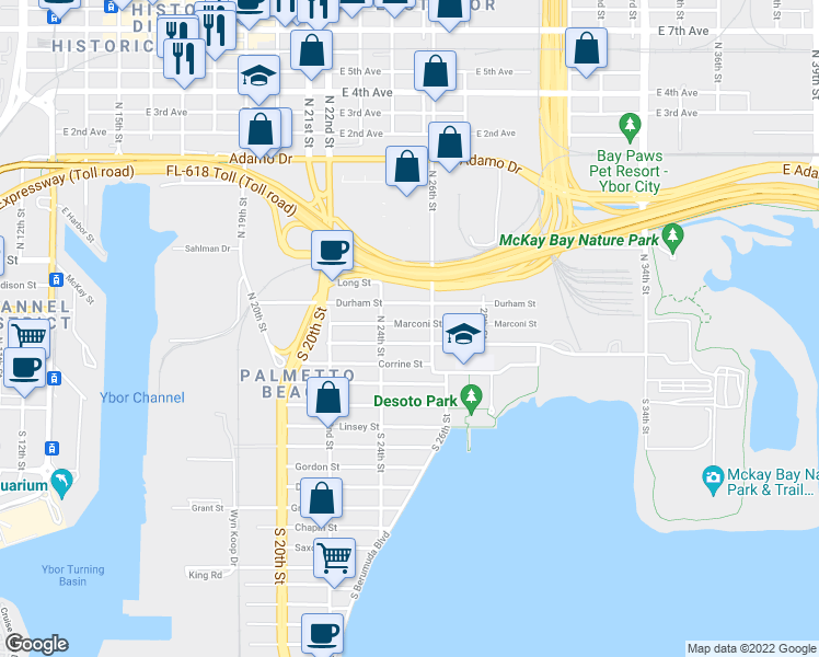 map of restaurants, bars, coffee shops, grocery stores, and more near 2422 Clark Street in Tampa
