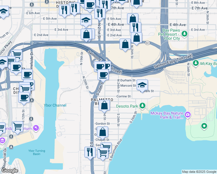 map of restaurants, bars, coffee shops, grocery stores, and more near 2210 Clark Street in Tampa