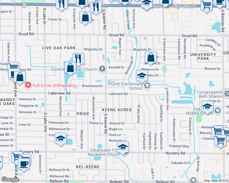 map of restaurants, bars, coffee shops, grocery stores, and more near 1829 Lakeview Road in Clearwater