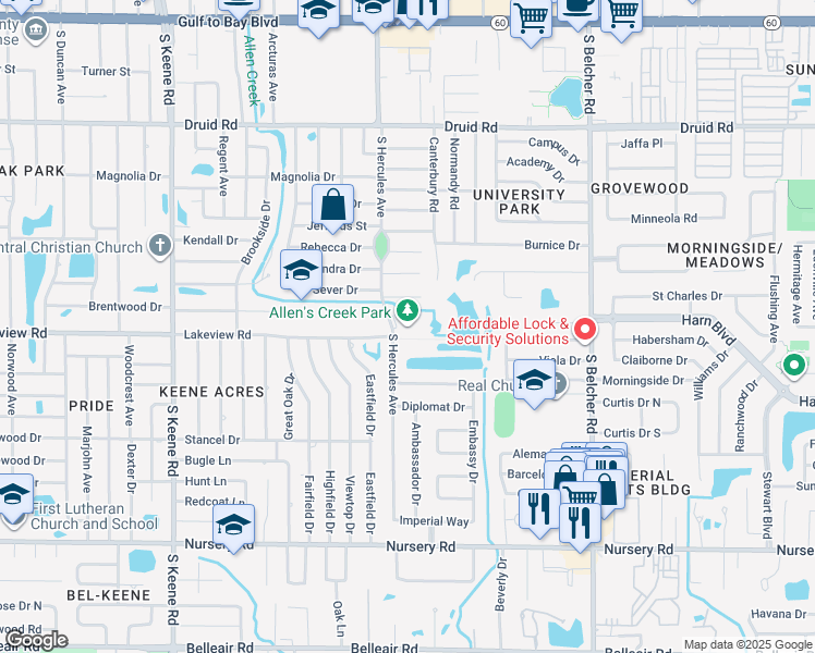 map of restaurants, bars, coffee shops, grocery stores, and more near 1281 South Hercules Avenue in Clearwater