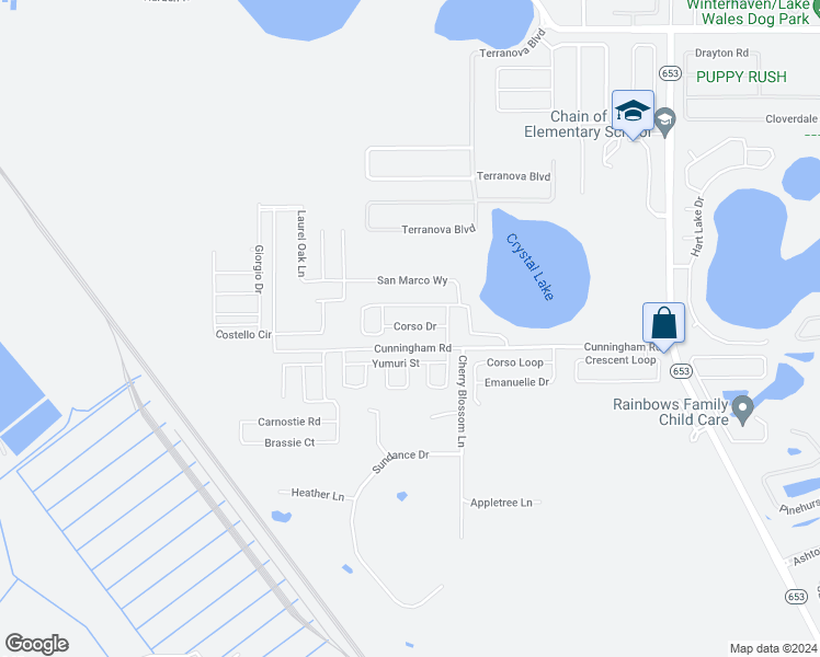 map of restaurants, bars, coffee shops, grocery stores, and more near 308 Corso Loop in Winter Haven