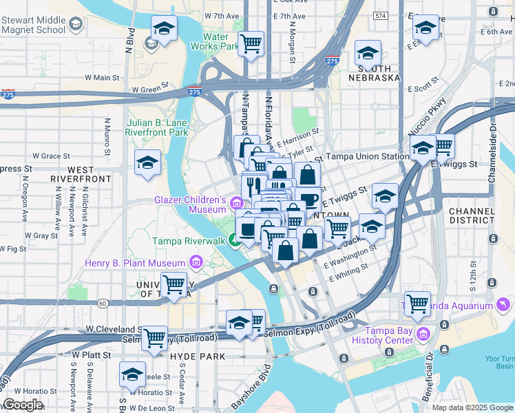 map of restaurants, bars, coffee shops, grocery stores, and more near 777 North Ashley Drive in Tampa
