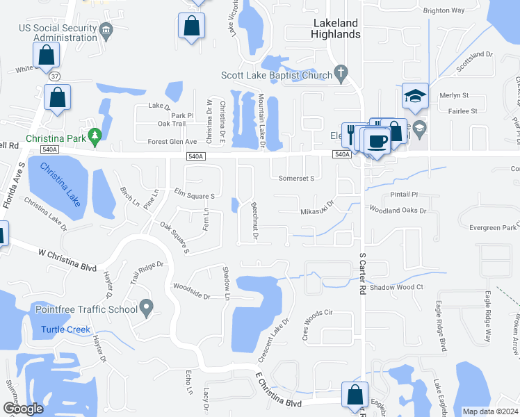 map of restaurants, bars, coffee shops, grocery stores, and more near 6334 Beechnut Drive in Lakeland