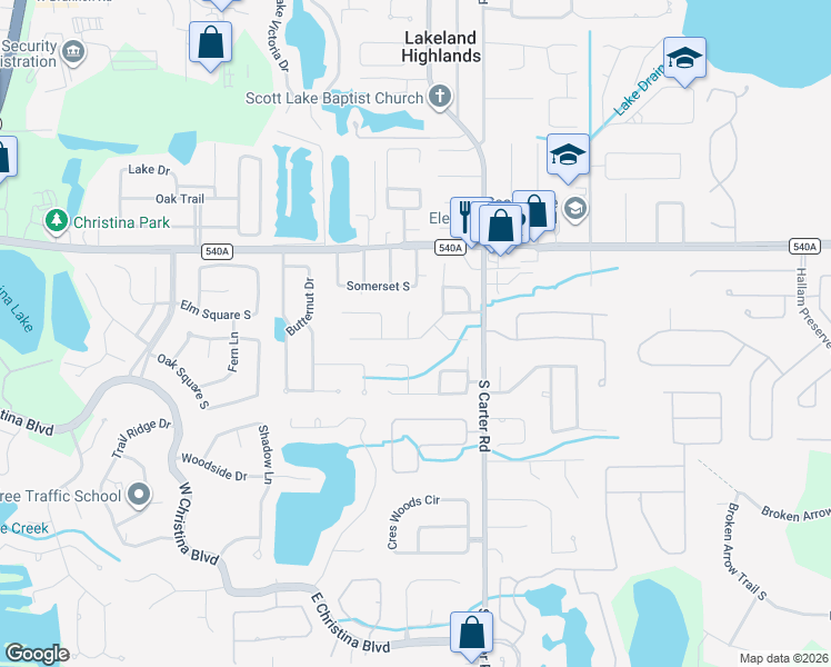 map of restaurants, bars, coffee shops, grocery stores, and more near 6334 Highland Gardens Court in Lakeland