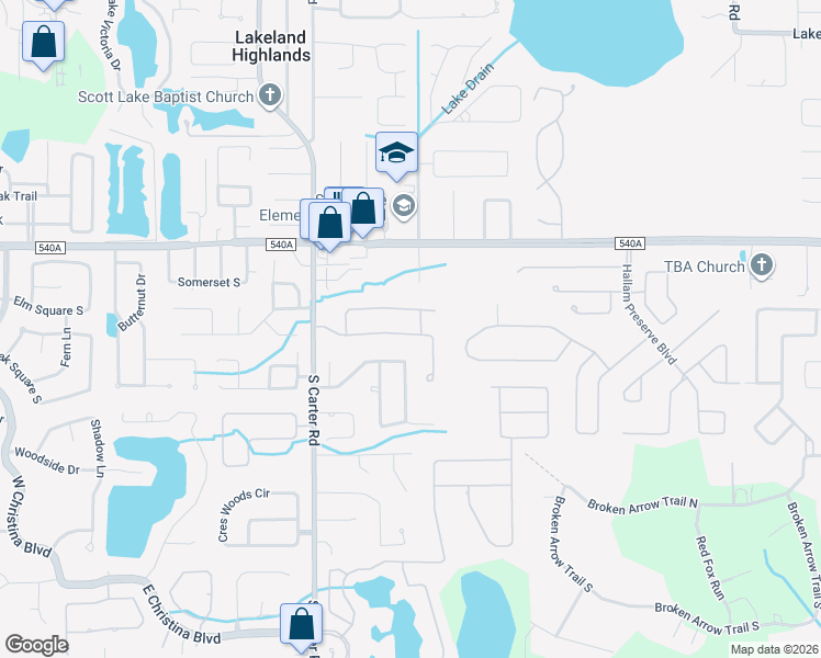 map of restaurants, bars, coffee shops, grocery stores, and more near 1126 Shadowbrook Drive North in Lakeland
