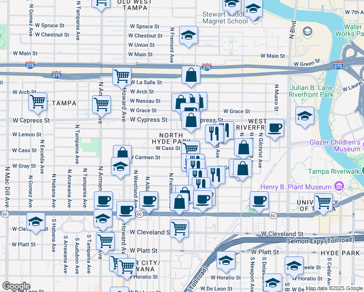 map of restaurants, bars, coffee shops, grocery stores, and more near 1707 West Carmen Street in Tampa