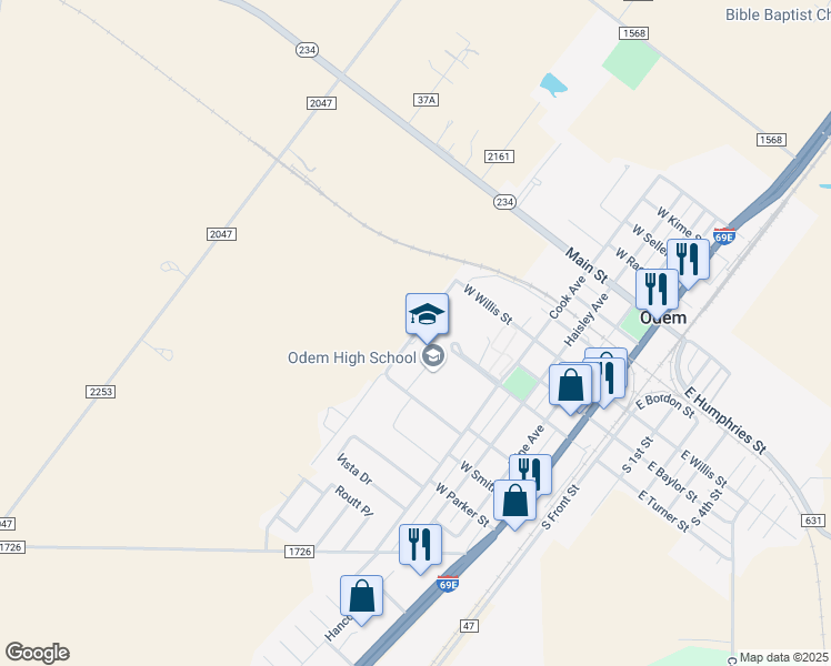 map of restaurants, bars, coffee shops, grocery stores, and more near Owl Square in Odem
