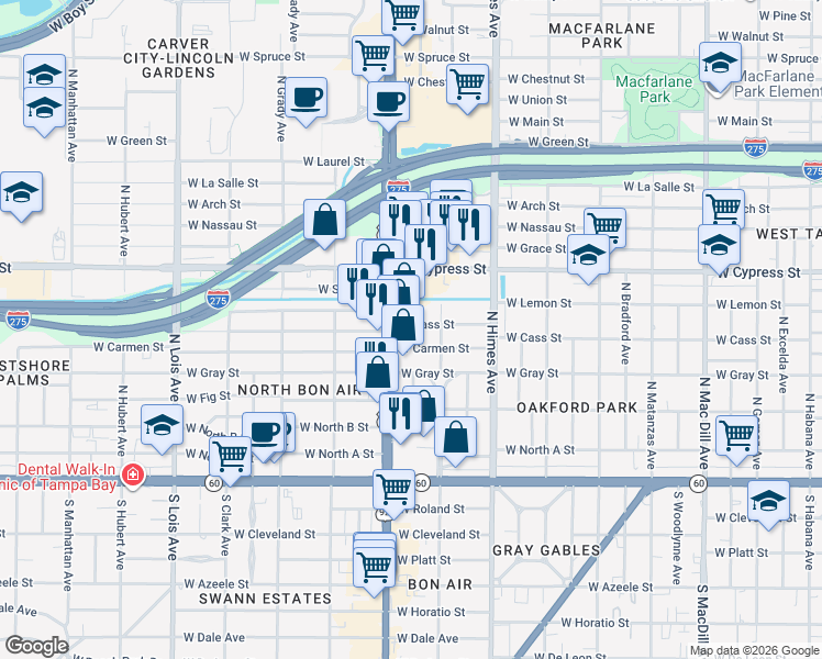 map of restaurants, bars, coffee shops, grocery stores, and more near 3712 West Cass Street in Tampa