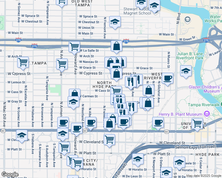 map of restaurants, bars, coffee shops, grocery stores, and more near 1707 West Carmen Street in Tampa