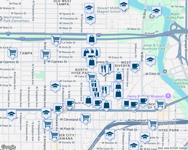 map of restaurants, bars, coffee shops, grocery stores, and more near 1525 West Carmen Street in Tampa