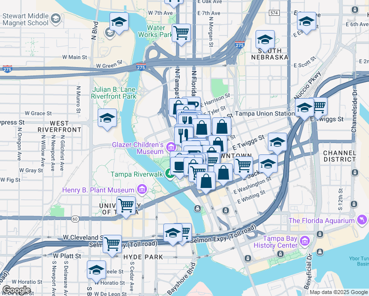 map of restaurants, bars, coffee shops, grocery stores, and more near 744-784 North Ashley Drive in Tampa