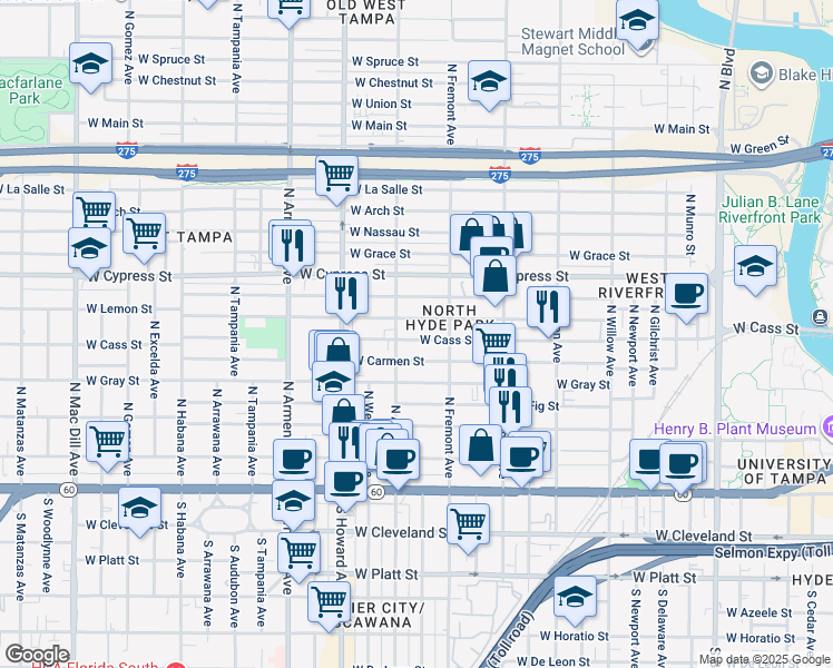 map of restaurants, bars, coffee shops, grocery stores, and more near 1920 West Cass Street in Tampa