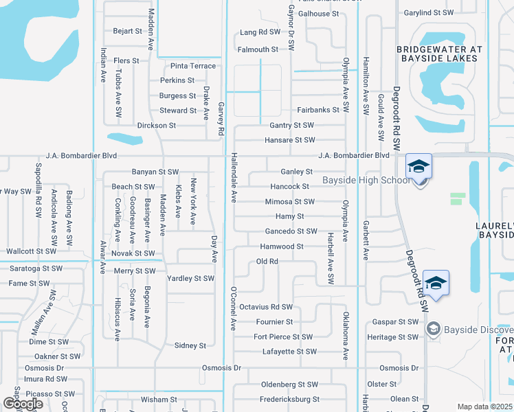 map of restaurants, bars, coffee shops, grocery stores, and more near 558 Mimosa Street Southwest in Palm Bay