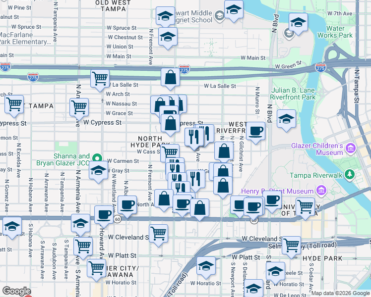 map of restaurants, bars, coffee shops, grocery stores, and more near 1525 West Carmen Street in Tampa