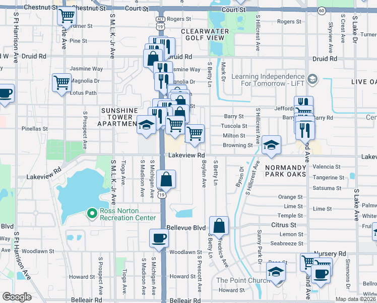 map of restaurants, bars, coffee shops, grocery stores, and more near 1308 Friend Avenue in Clearwater