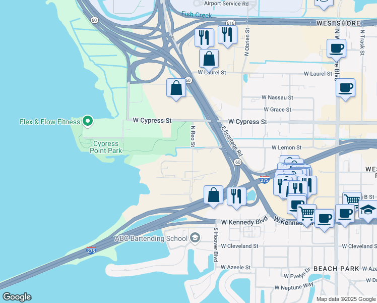 map of restaurants, bars, coffee shops, grocery stores, and more near 550 North Reo Street in Tampa
