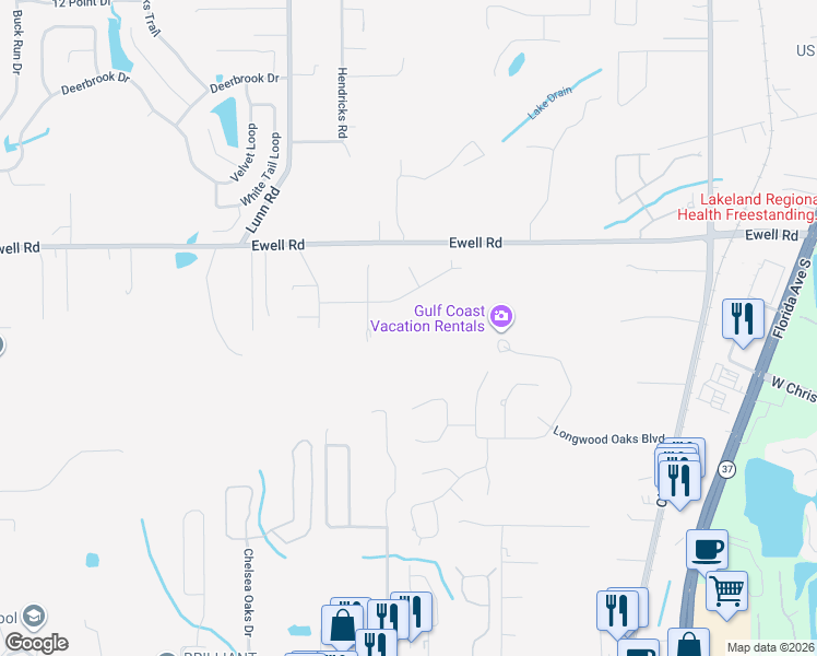 map of restaurants, bars, coffee shops, grocery stores, and more near 1636 Lunn Woods Trail in Lakeland