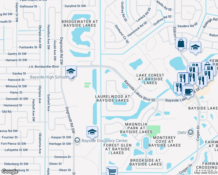 map of restaurants, bars, coffee shops, grocery stores, and more near 1725 Winding Ridge Circle Southeast in Palm Bay