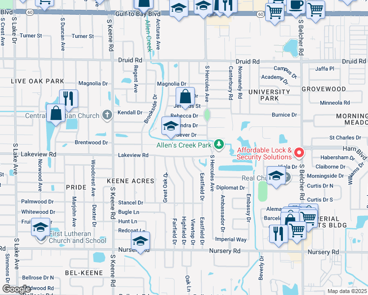 map of restaurants, bars, coffee shops, grocery stores, and more near 1300 Viewtop Drive in Clearwater