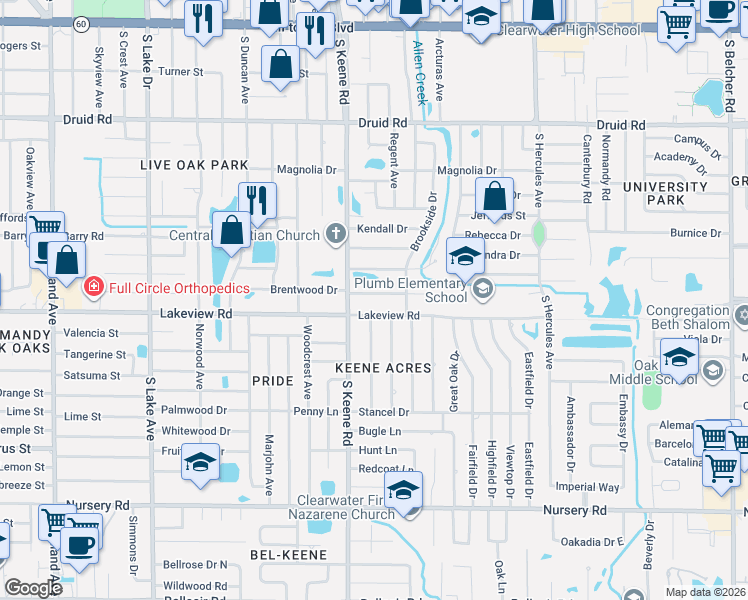 map of restaurants, bars, coffee shops, grocery stores, and more near 1829 Lakeview Road in Clearwater