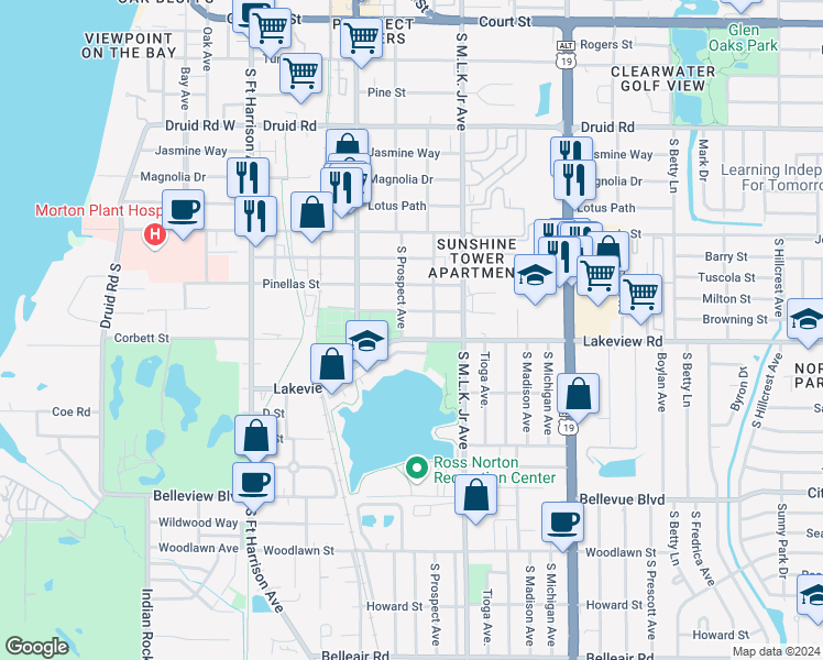 map of restaurants, bars, coffee shops, grocery stores, and more near 912 Dempsey Street in Clearwater