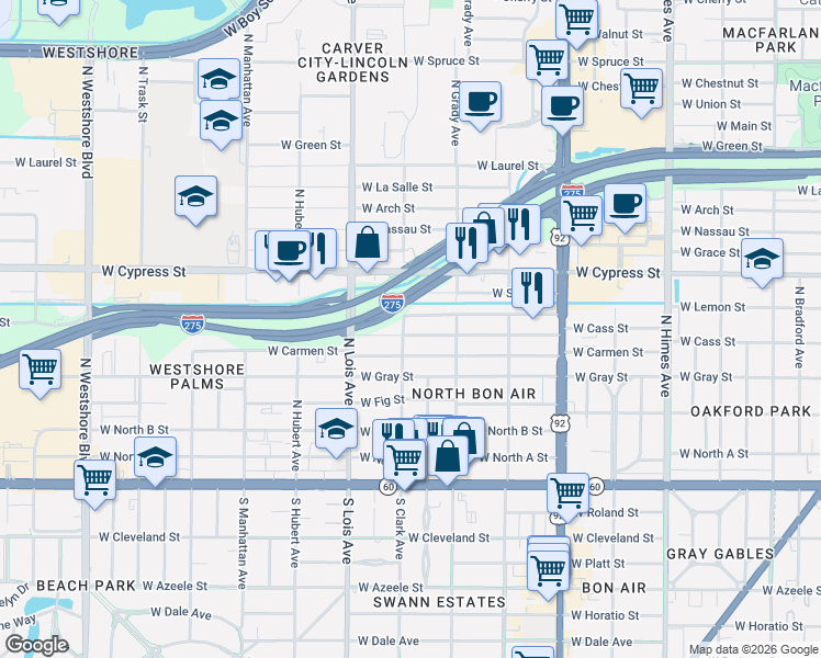 map of restaurants, bars, coffee shops, grocery stores, and more near 4021 West Cass Street in Tampa