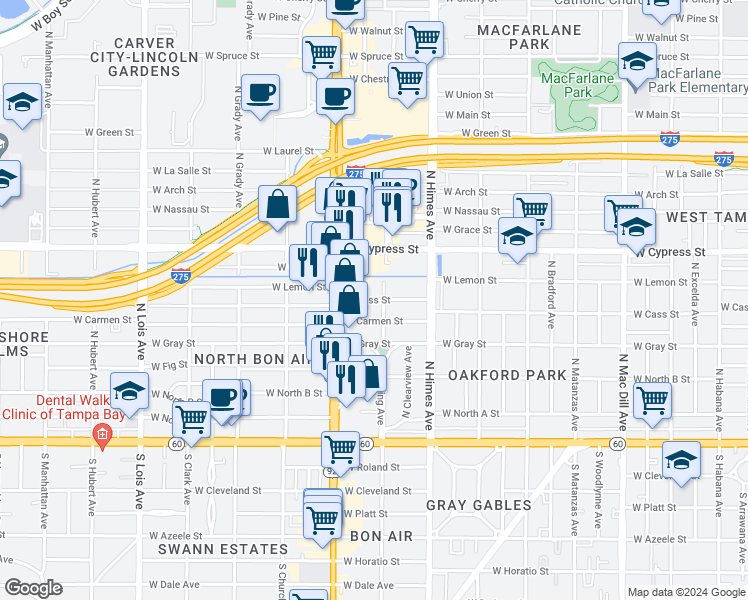 map of restaurants, bars, coffee shops, grocery stores, and more near 401 North Dale Mabry Highway in Tampa