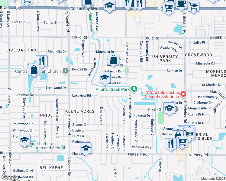 map of restaurants, bars, coffee shops, grocery stores, and more near 1920 Lakeview Road in Clearwater