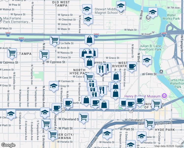map of restaurants, bars, coffee shops, grocery stores, and more near 1525 West Carmen Street in Tampa